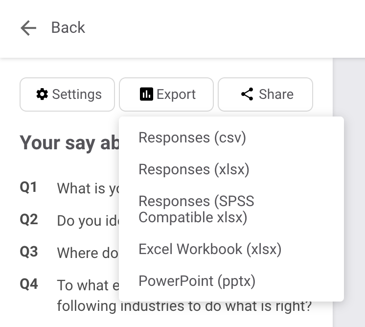 Exporting and sharing your survey is quick and easy with Glow