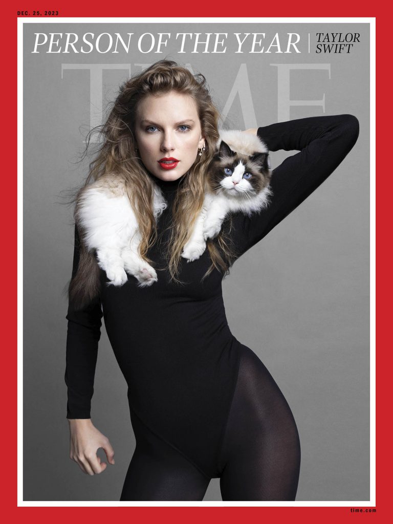 Taylor swift TIME's 2024 person of the year posing with her cat Benjamin
